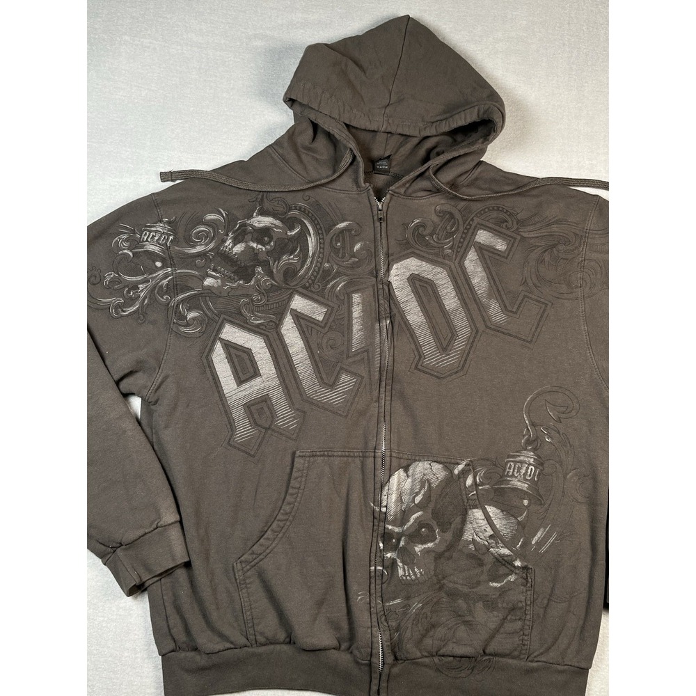 Y2K AC/DC Skull Zip Hoodie Grunge‎ Biker Goth Rock Band Oversized XL faded